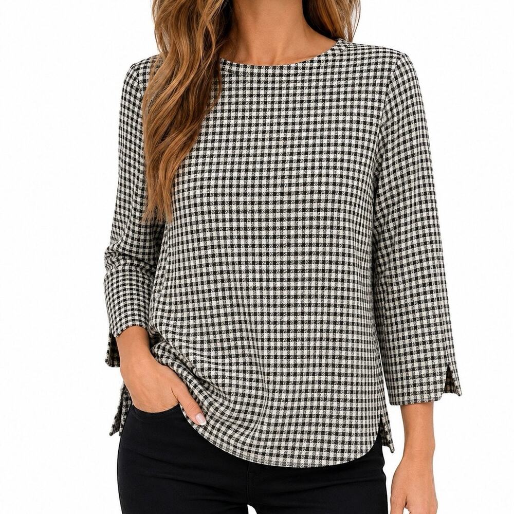 J.Jill Ponte Sz Small Petite SP Herringbone Plaid Cozy Blouse Shirt Top Business